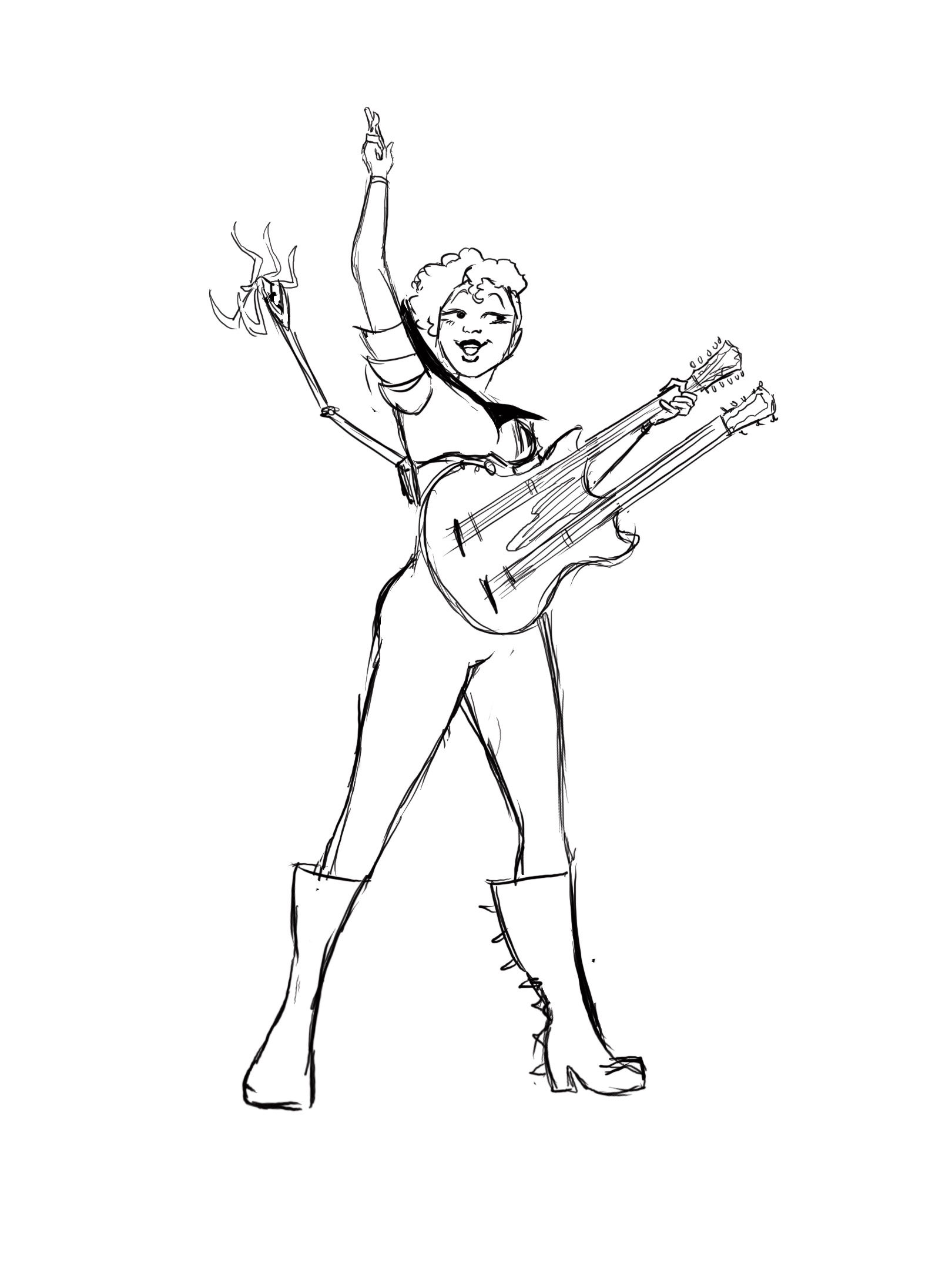 A sketch of a woman with spikey boots and a double-necked guitar. She has a spindly robotic arm attached to her waist.