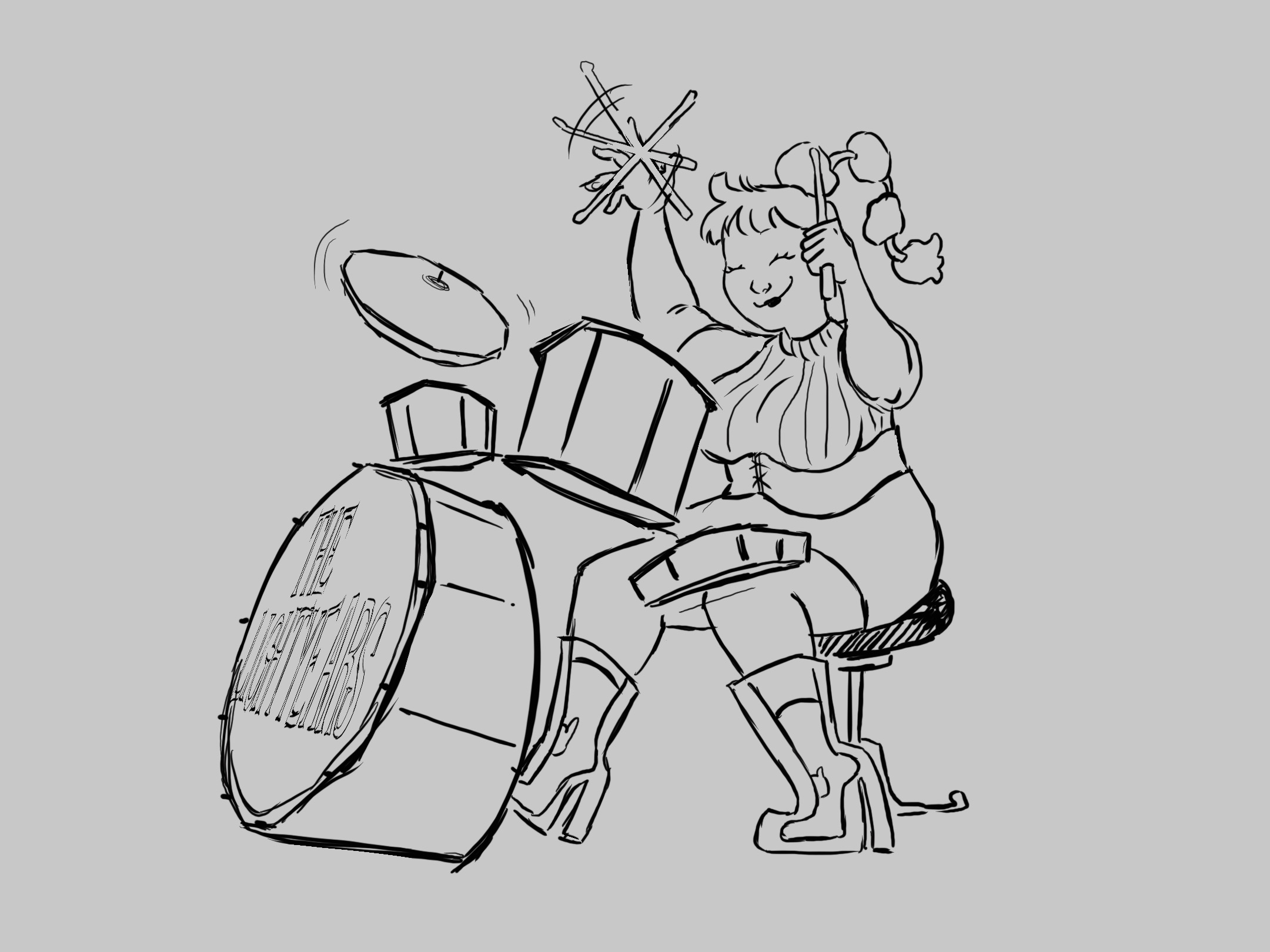 A sketch of a short, heavyset woman playing the drums. Her shoes are transparent revealing socks with cats on them.