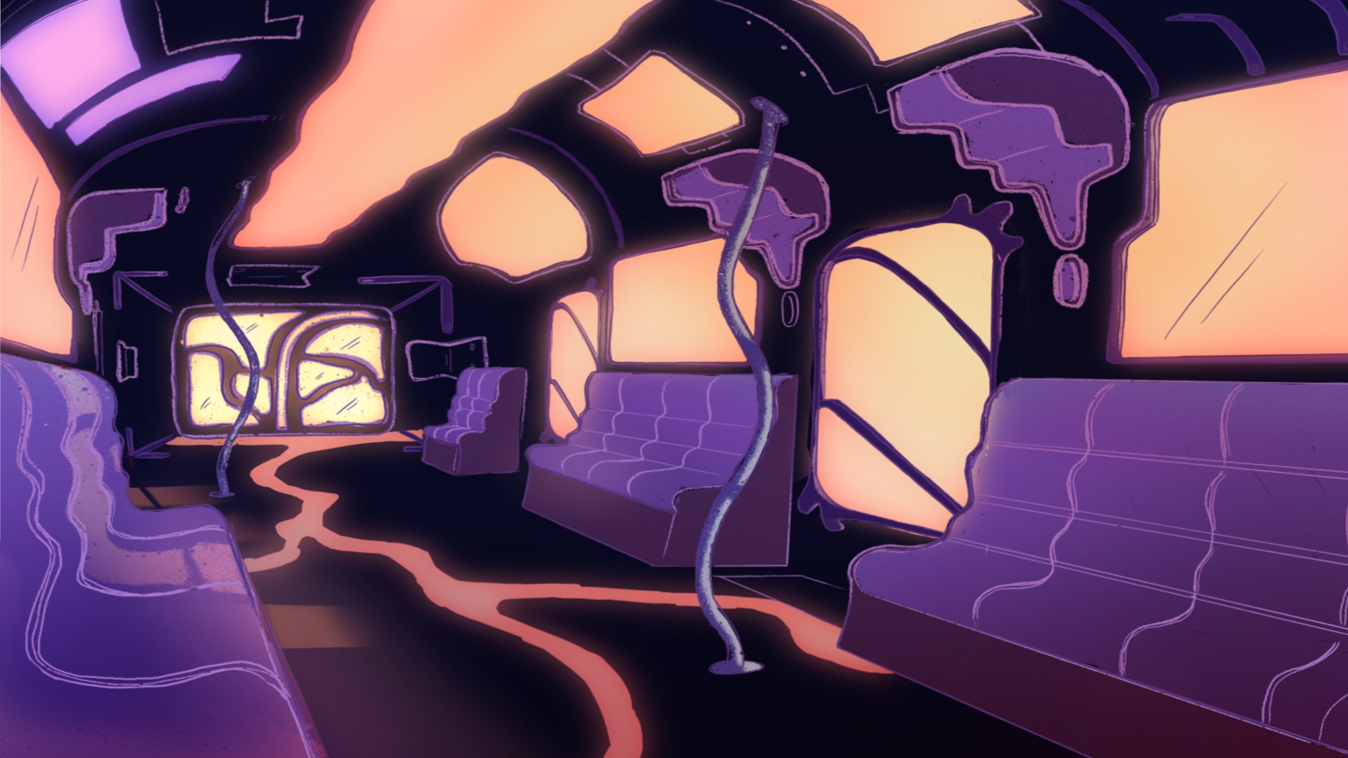 A colored illustration of the inside of a subway car. The seats are purple and the design is rounded and otherworldly.