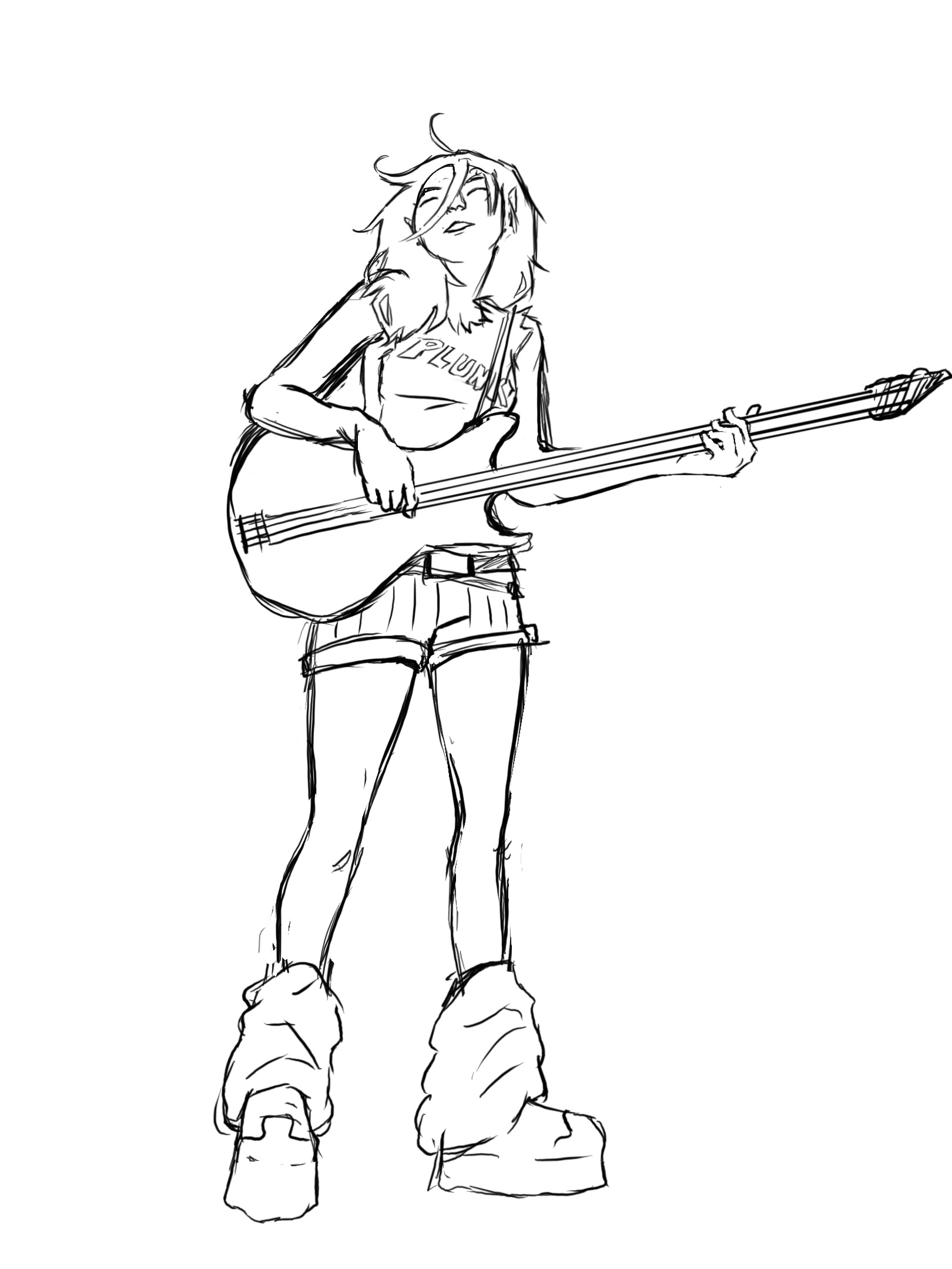 A sketch of a woman dressed in the punk style playing bass guitar with her eyes closed